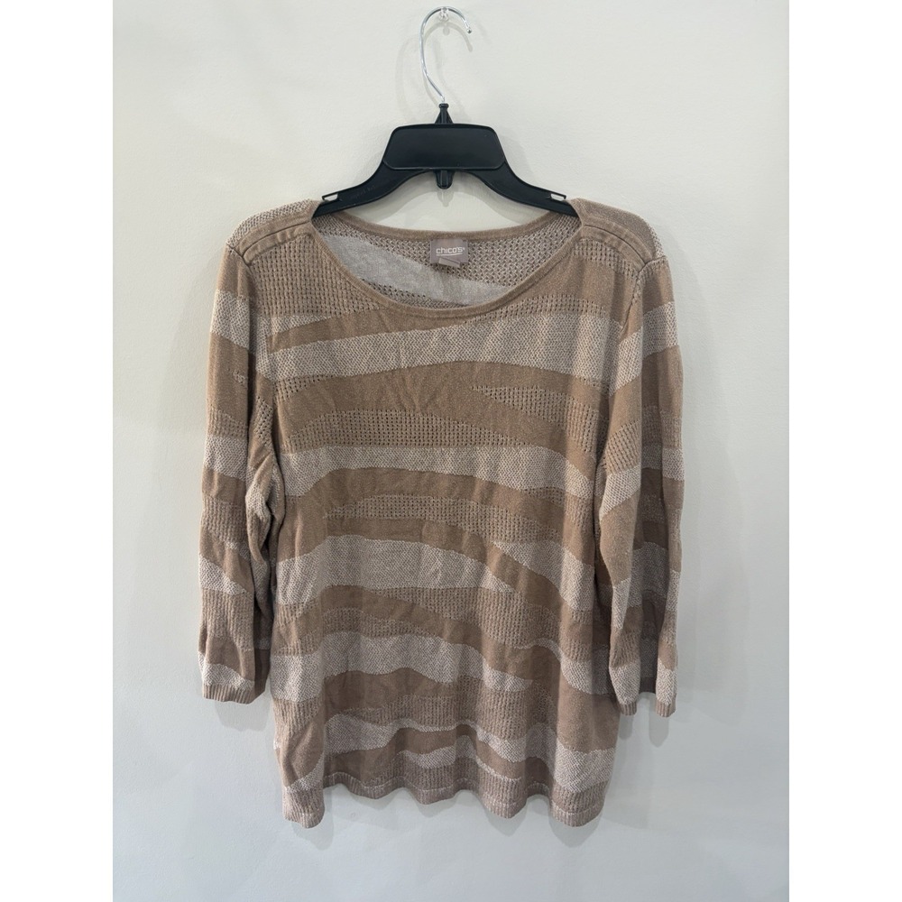 Chico's Striped Knit Pullover Sweater Beige Brown Scoop Neck Size 3 3/4 Sleeve